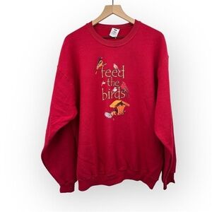 Vintage Jerzees Sweatshirt XL Red 'Feed the Birds' Graphic Print Unisex Pullover